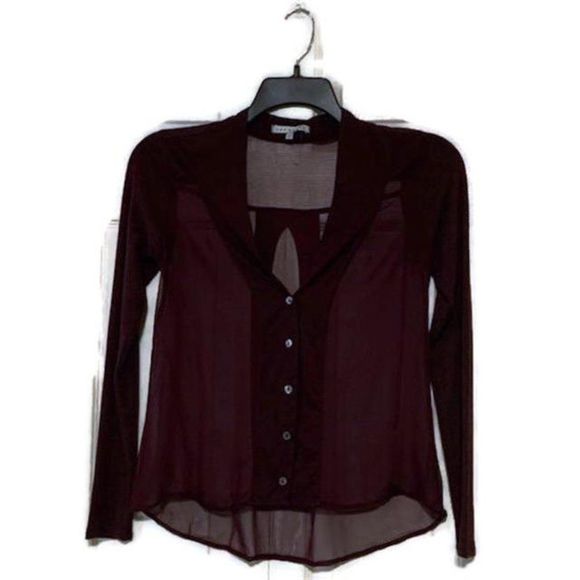Red Haute Sheer Burgundy Red Blouse with Knit Long Sleeves - Picture 2 of 7